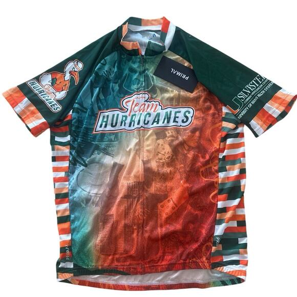 Miami Hurricanes Primal Cycling Jersey Cancer Awareness Mens Sz L Green & Orange - Picture 1 of 7